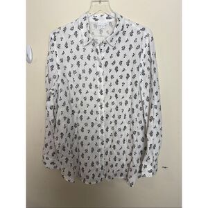 J.Jill Love Linen White Black Floral Button Front 100% Linen Shirt Size Large Cl